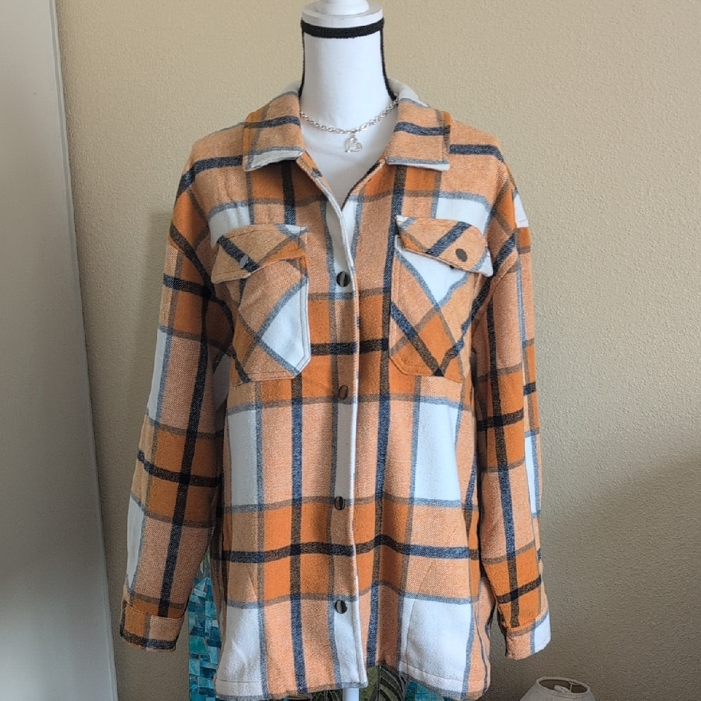 HFX Plaid Button-Up Shirt Jacket - Orange and White